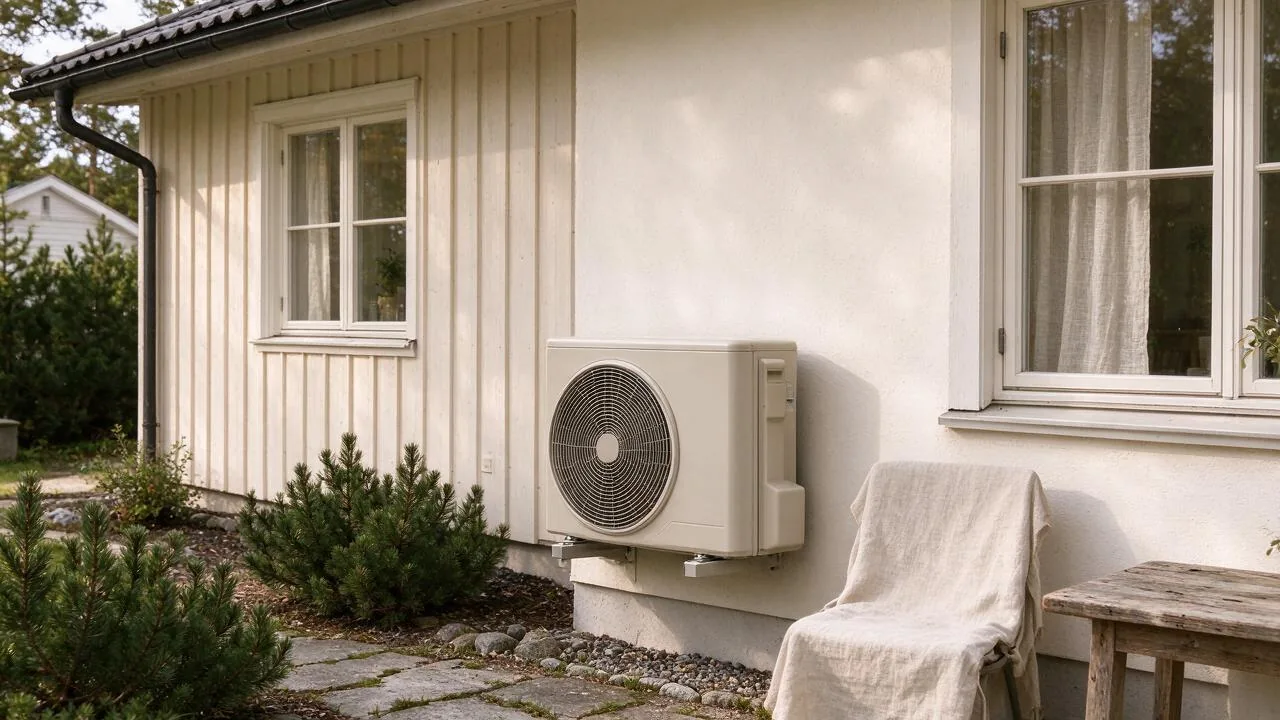 Utedel til en varmepumpe ved en lys husvegg og en hage.