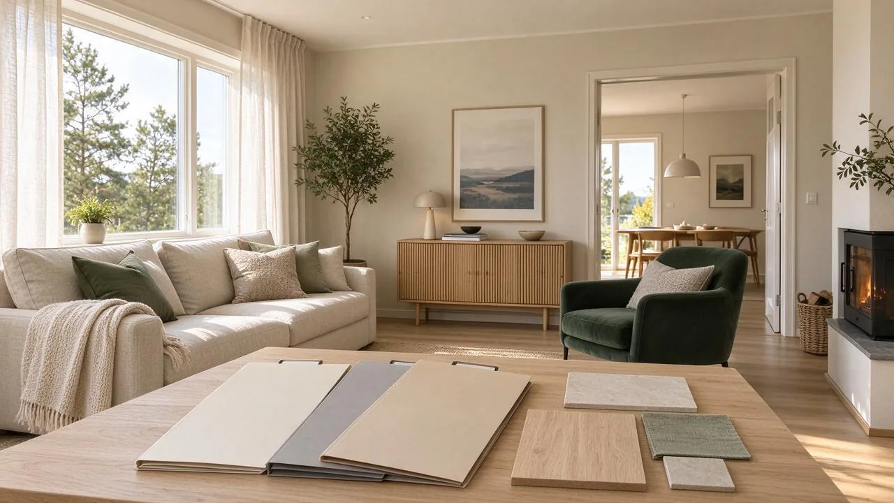 Mapper og materialprøver på et eikebord til planlegging av oppussing.