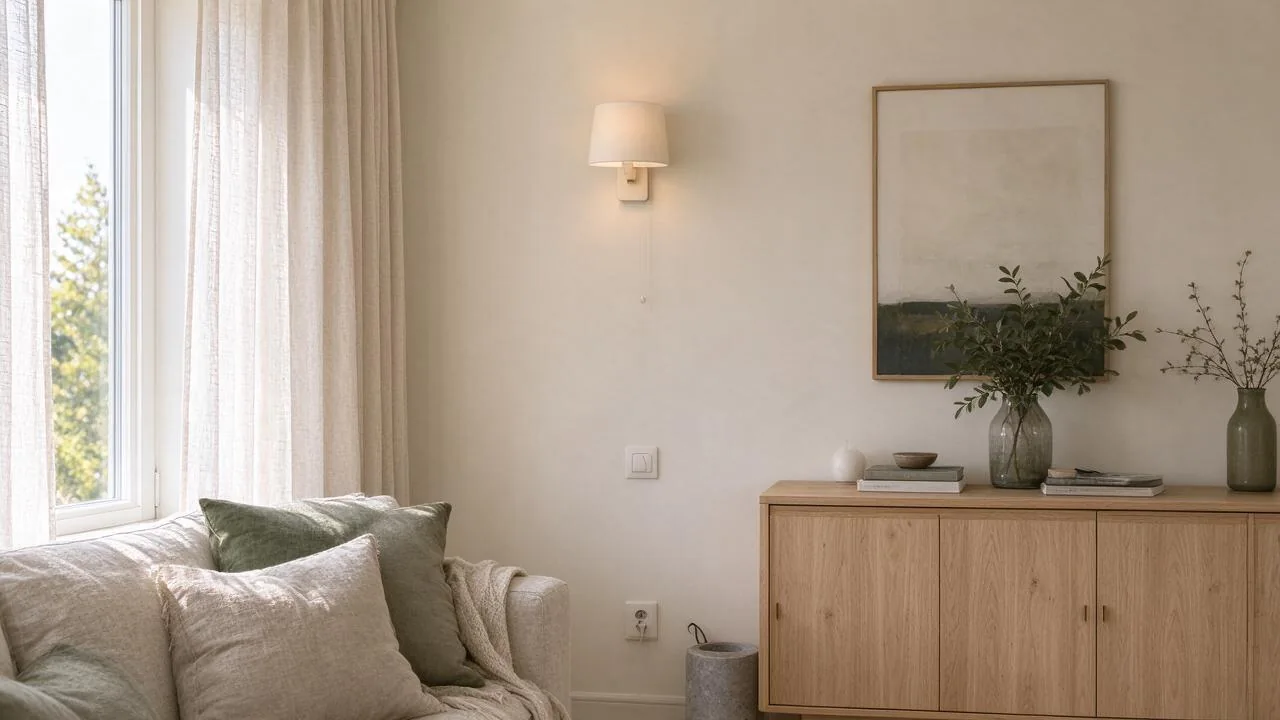 Lys stue med vegglampe, eikeskap og grønne planter.