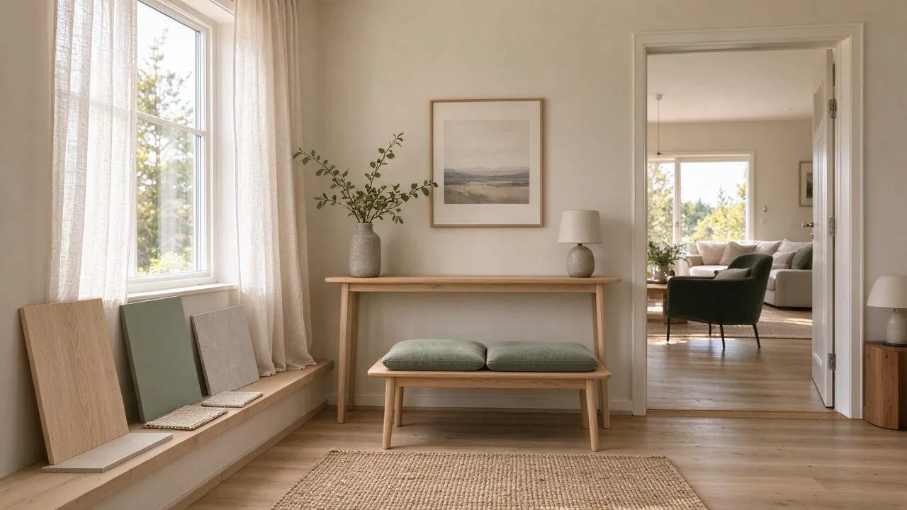 Lyst inngangsparti med tregulv og materialprøver til planlegging av oppussing av hus.