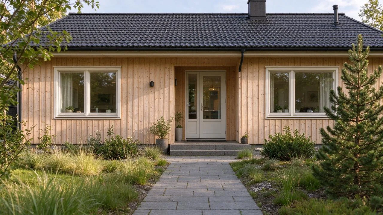 Gangsti av grå belegningsstein ved et hus og en hage.